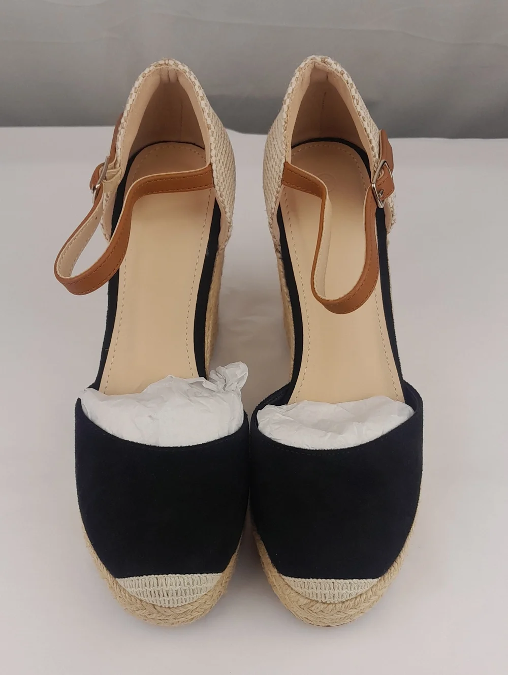 Fisace Espadrille Black Tan Closed Toe Strap Wedge Heels